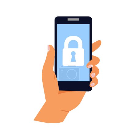 Illustration for Phone lock concept. A hand holds a smartphone with a lock screen. - Royalty Free Image
