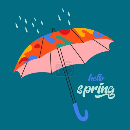 Illustration for Hello Spring hand drawn flat vector illustration. Lettering spring season with umbrella for greeting card - Royalty Free Image