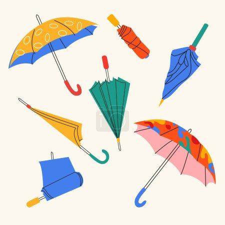 Illustration for Set of different umbrellas in different positions. Open and folded umbrellas. Bright colors. Hand drawn color vector illustration. Cartoon style. Design templates. All elements are insulated - Royalty Free Image
