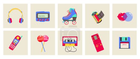 Ilustración de Clásico 80s 90s elementos en estilo moderno, plano, estilo de línea. Ilustración vectorial dibujada a mano: piruletas, labios, auriculares, patines sobre ruedas, cassette, teléfono, videojuego de apilamiento de bloques, localizador. Parche de moda - Imagen libre de derechos