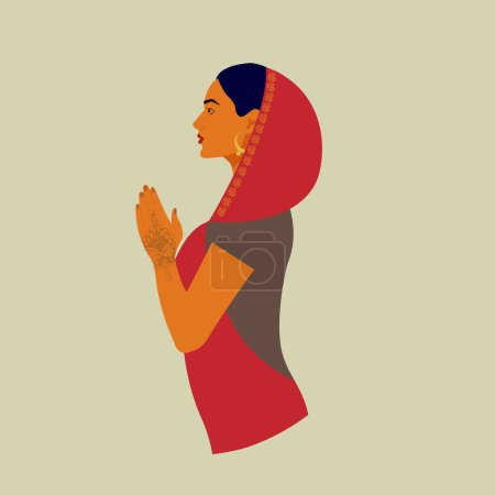 Illustration for Beautiful Indian woman in traditional clothes - bright red sari. Female portrait, side view. Indian woman in traditional clothing with praying hands. Modern vector illustration - Royalty Free Image