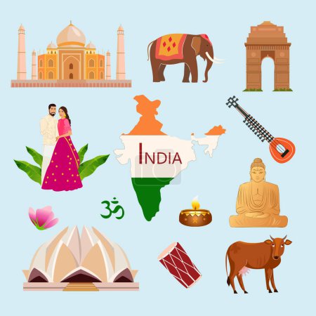 Téléchargez les illustrations : Voyage en Inde monuments célèbres et symboles de la culture touristique
. - en licence libre de droit