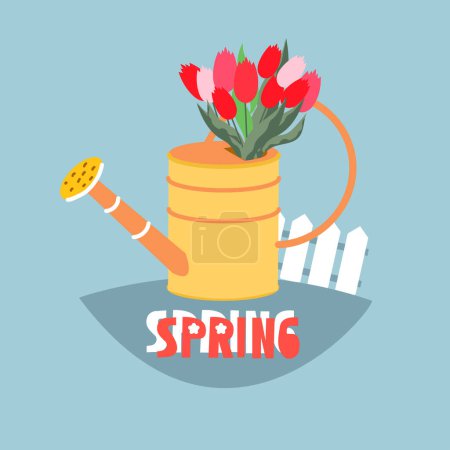 Ilustración de Plantilla de tarjeta de felicitación con humor de primavera. Invitación de primavera. Postal minimalista con tulipanes, regadera. - Imagen libre de derechos