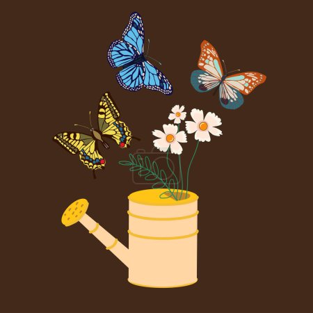 Téléchargez les illustrations : Joli arrosoir de jardin avec des fleurs et des papillons sur un fond sombre. Impression à la main, carte postale, poster. - en licence libre de droit
