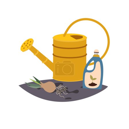 Illustration for Spring composition with garden watering can, onion flower, fertilizer. Watering can for watering plants in the soil. Agronomy infographic template design. Flat design vector illustration. - Royalty Free Image