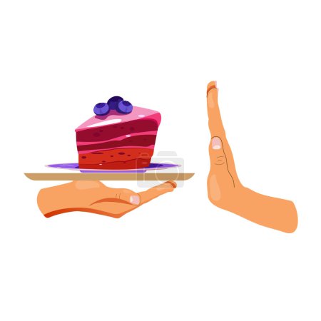 Ilustración de Di no al dulce durante la dieta. Mujer negándose a comer pastel y empujar fuera. - Imagen libre de derechos