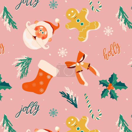 Téléchargez les illustrations : Modèle plat sans couture avec Joyeux Noël et bonne année icônes - en licence libre de droit