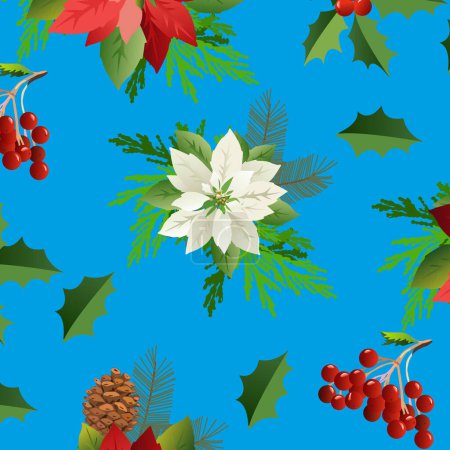 Téléchargez les illustrations : Modèle de Noël sans couture avec des fleurs poinsettia lumineuses, baies sur un fond bleu. - en licence libre de droit
