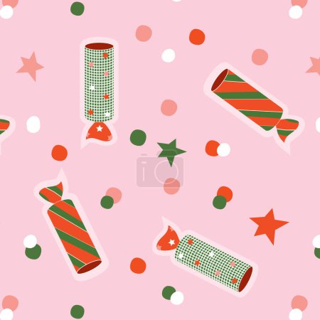 Illustration for Festive confetti, colorful seamless pattern. Hand drawn backdrop vector. Background with christmas cracker. Decorative wallpaper, good for printing. Design illustration, print - Royalty Free Image