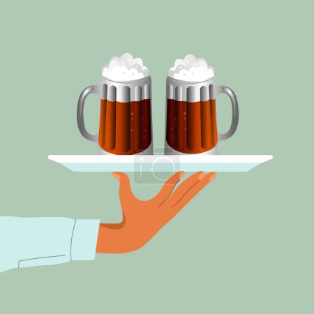 Illustration for Beer on a tray. Glass of beer men holding in hand. Mug in hand isolated in flat style on background. The waiter makes the flow of alcohol. Illustration. Light alcoholic drink, cool foam. - Royalty Free Image
