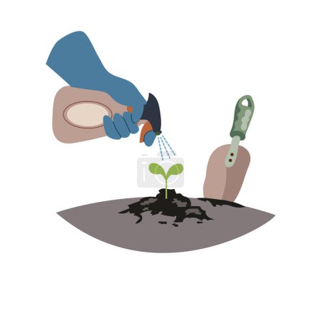 Illustration for Spring composition Watering a seedling from a spray bottle for spraying plants. Agronomy infographic template design. Flat design vector illustration. - Royalty Free Image