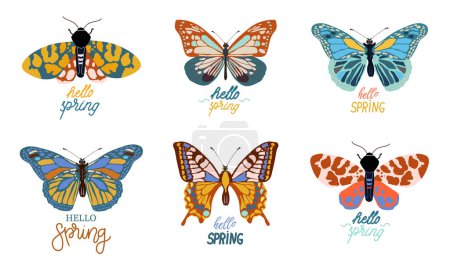 Illustration for Hello spring.Vector illustration of an isolated set of spring lettering with bright decorative butterflies and moths.Insect illustration in bright colors. - Royalty Free Image