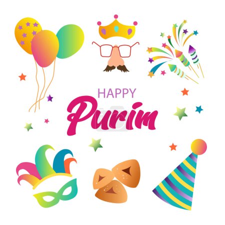 Ilustración de Purim diseño de banner de vacaciones judío con galletas hamantaschen, con máscaras y accesorios tradicionales. Ilustración vectorial. feliz día de purim - Imagen libre de derechos