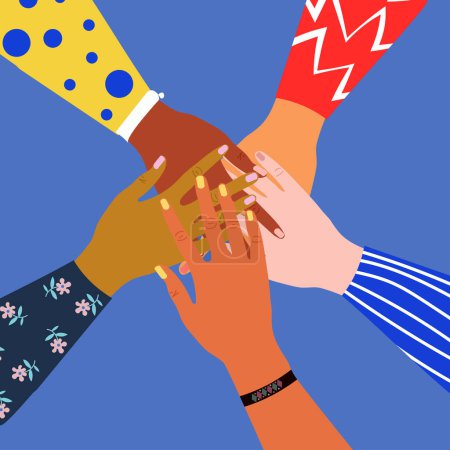 Illustration for Group of people putting their hands together on each other. Friendship, partnership, teamwork, community, team building concept. Flat illustration in trendy cartoon style - Royalty Free Image