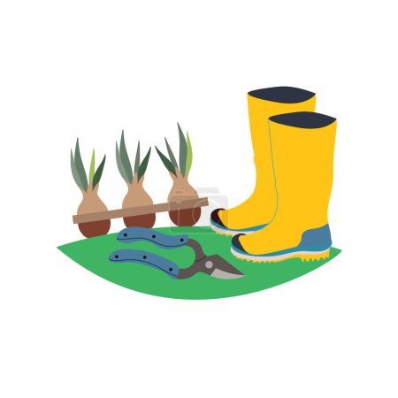 Illustration for Spring composition with garden shoes, bulbous plants and secateurs. Agronomy infographic template design. Flat design vector illustration. - Royalty Free Image