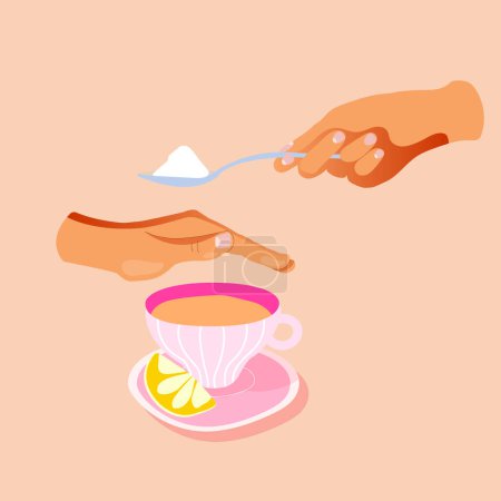 Illustration for Sugar free. Human gesture hand refuses to sweet. No sugar. Harmful product. Healthy lifestyle. Illustration flat design. Isolated on a sandy background. - Royalty Free Image