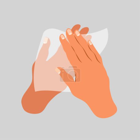 Wipe your hand with damp cloth flat icon. Wipe skin paper tissue. Wash hand. Personal hygiene. White napkin. Illustration cartoon design isolated on background. Disinfection skin care.