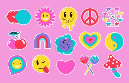 Illustration for Y2k set. Collection on the theme of the 00s. Set of icons, hearts, rainbows, badges and stickers. Glamor Y2k vector illustration. Nostalgia for the 2000s. Vector isolated illustrations - Royalty Free Image