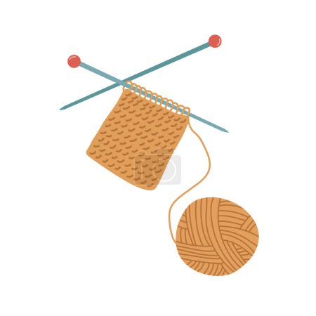 Illustration for Ball of yarn with knitting needles and bound canvas. Clews, skeins of wool. Tools for knitwork, handicraft, crocheting, hand-knitting. Female hobby. Vector cartoon illustration - Royalty Free Image