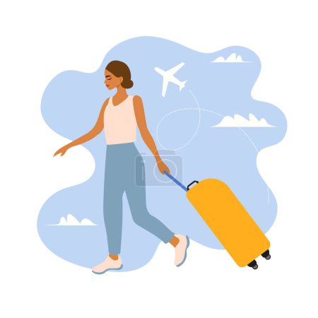 Ilustración de Turista femenina con equipaje en el aeropuerto. Mujer joven que viaja al extranjero en avión con una maleta, bolsa. Vacaciones de verano, vacaciones, concepto de viaje. Ilustración de vectores planos aislados - Imagen libre de derechos