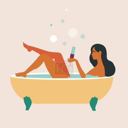 Illustration for Skincare, pleasure, relaxation at home concept. Young pretty Woman cartoon character taking bath with bubble and drinking cocktail for hygiene and beauty feeling positive vector illustration - Royalty Free Image
