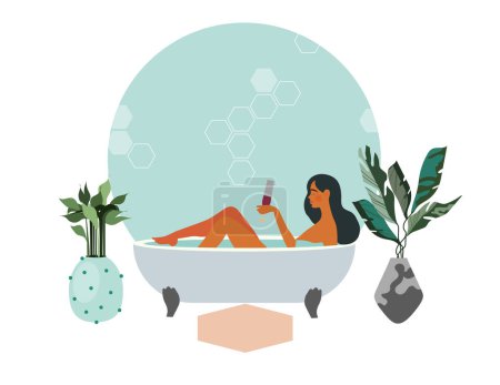 Illustration for Skincare, pleasure, relaxation at home concept. Young pretty Woman cartoon character taking bath with bubble and drinking cocktail for hygiene and beauty feeling positive vector illustration - Royalty Free Image