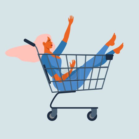 Illustration for Happy young woman sitting in a supermarket shopping cart. Beautiful crazy hipster girl smiling at the store. Shopaholic, customer, sale concept. Isolated flat vector illustration - Royalty Free Image