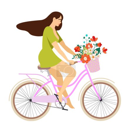 Téléchargez les illustrations : Jeune femme à vélo avec panier de fleurs. Illustration isolée plate - en licence libre de droit