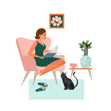 Illustration for Young girl sitting in comfortable armchair and drinking tea or coffee in room furnished in Scandinavian style. Woman spending evening time at home. Colored illustration in flat cartoon style. - Royalty Free Image