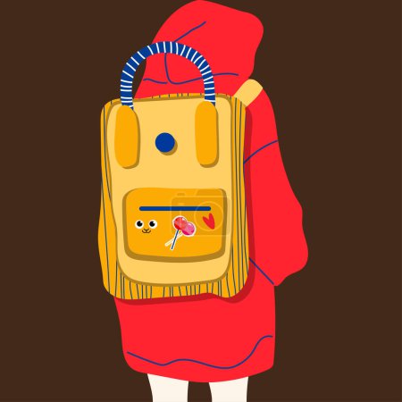 Téléchargez les illustrations : Fille dans une veste rouge avec un sac à dos jaune.Vue arrière. Retour à l'école, collège, éducation, concept d'apprentissage. Illustration vectorielle dessinée main - en licence libre de droit