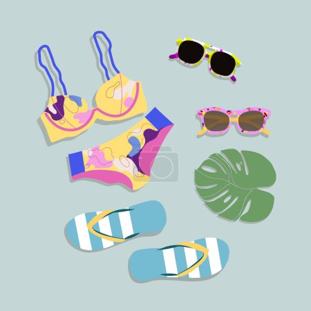 Illustration for Summer items. Women's beach items. Swimsuit, sunglasses, flip flops, Cartoon style. For registration of postcards, for registration of booklets of travel agencies. - Royalty Free Image