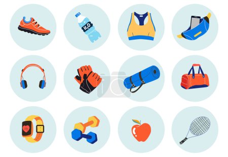 Illustration for Sports equipment, gym, female, muscle, active, activity, adult, apple, athlete, athletic, bag, body, bottle, clothing, collection, diet, dumbbell, element, emotion, equipment, exercise, fitness, fitne - Royalty Free Image
