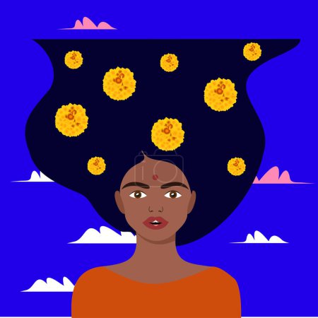 Illustration for Portrait of a beautiful Indian brunette woman with marigold flowers in her hair. Background sky with colored clouds. Vector, illustration. - Royalty Free Image