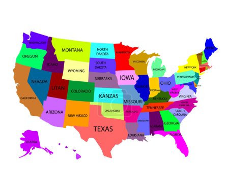 Téléchargez les illustrations : Carte des États-Unis avec noms d'État. carte olore - en licence libre de droit
