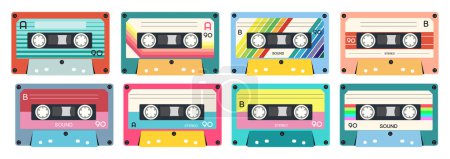 Casete de música retro. Cinta de DJ estéreo, cintas de casetes vintage de los 90 y cinta de audio. casete de reproducción de radio antigua, 1970 o 1980 rock music mix audiocassette. Conjunto de iconos aislados