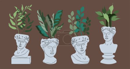 Illustration for Trendy collection of home plants in statue heads flowerpots pack icons. Set of houseplants in pots modern illustrations. - Royalty Free Image