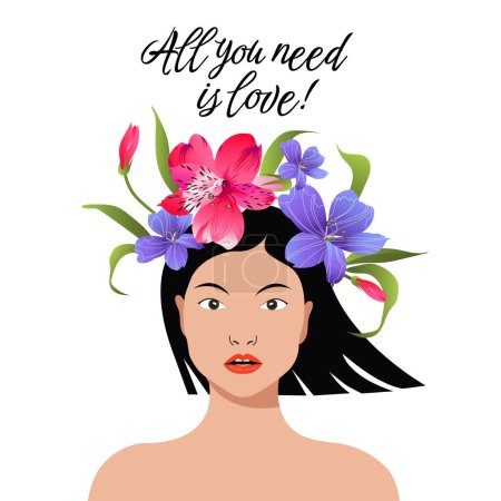 Illustration for Happy women's day. Template for a spring banner, card, poster. Beautiful women with a flower wreath .Illustration with an lettering. Pretty girl in nature. - Royalty Free Image