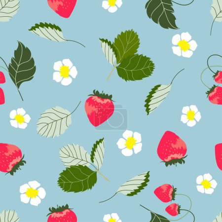 Strawberries and leaves pattern. Seamless strawberry fabric, web banner design. Red berries on a soft blue background. Repeating texture. Delicious berries background, wallpaper.
