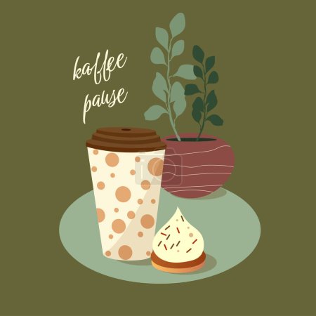 Illustration for Cup of coffee, sweet dessert. Coffee break. Vector illustration in cartoon flat style. Cup of coffee on the background of a flower in a pot, Delicious breakfast or coffee break. Print for cards, stick - Royalty Free Image
