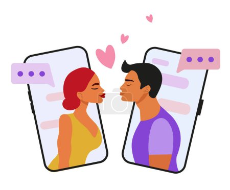 Ilustración de Los amantes envían mensajes de amor y besos por teléfono. Día de San Valentín. Dibujos animados vector ilustración - Imagen libre de derechos