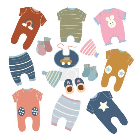 Illustration for Set of vector illustrations of children's clothes. Little girl and boy dress up cartoon elements. Bodysuit, overalls, hats, socks. Vector collection of baby clothes. - Royalty Free Image
