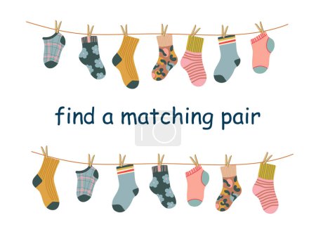 Illustration for Find a pair of matching socks. Children education logic game. Preschool worksheet activity for kids. Vector illustration in cartoon style. - Royalty Free Image