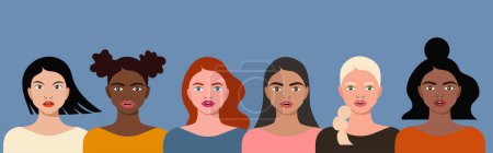 Illustration for Women diversity concept. Group of multiethnic female characters. Portraits of caucasian, asian, black girls standing together. International Womens Day, 8 March, feminism. Isolated flat vector - Royalty Free Image