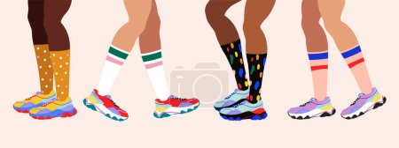 Bright sneakers and legs. Girls in colorful sneakers and socks.Hand drawn fashion illustration of legs and shoes. Women's legs. Web banner design in bright colors. Modern poster.
