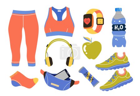 Illustration for Running Gear For Women. Running Accessories for Female. Fitness Set. Sport Clothes, Sport Watch, Running Shoes - Royalty Free Image