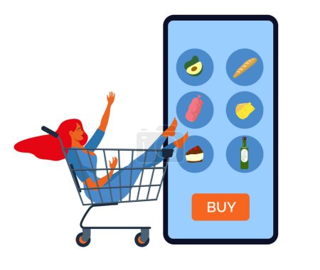 Illustration for Online grocery shopping concept. Young beautiful woman sitting in a shopping cart and ordering food via mobile phone. Buying groceries on the internet. Isolated flat vector illustration - Royalty Free Image