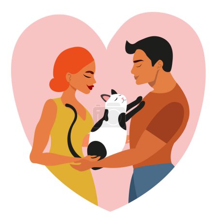People keep cute cats. Happy man and woman holding a cute cat in their hands. Flat vector illustration on pink heart background.