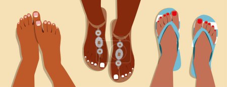 Téléchargez les illustrations : Woman feet with pedicure nails. Abstract female feet with bright nails, hand drawn leg fingers with pedicure. Vector set - en licence libre de droit