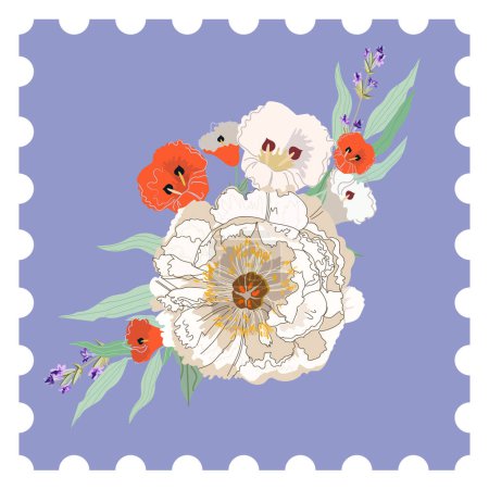 Illustration for Floral postage stamp. Bouquet with cream peonies, lavender on a purple background. Hand drawn postage stamp style greeting card design. Modern vector illustration for web and print. - Royalty Free Image