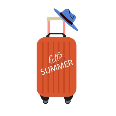 Téléchargez les illustrations : Bonjour l'été, bagages d'été, chapeau. Eléments de voyage, accessoires, illustration vectorielle - en licence libre de droit
